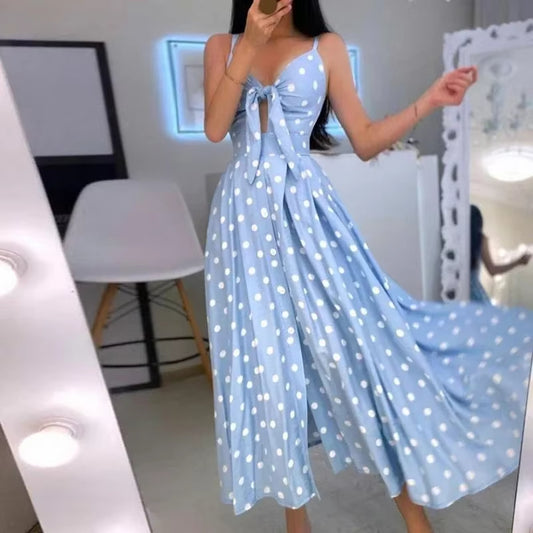 Vestido largo mujer escote en V con lazo y lunares - Olivia