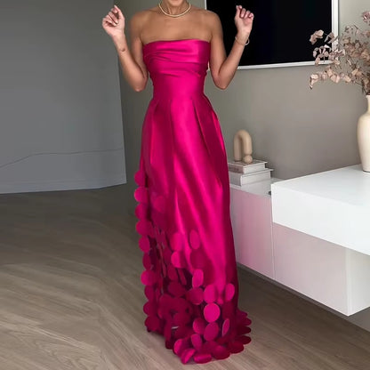 Vestido largo mujer satén sin tirantes con detalles calados - Valentina