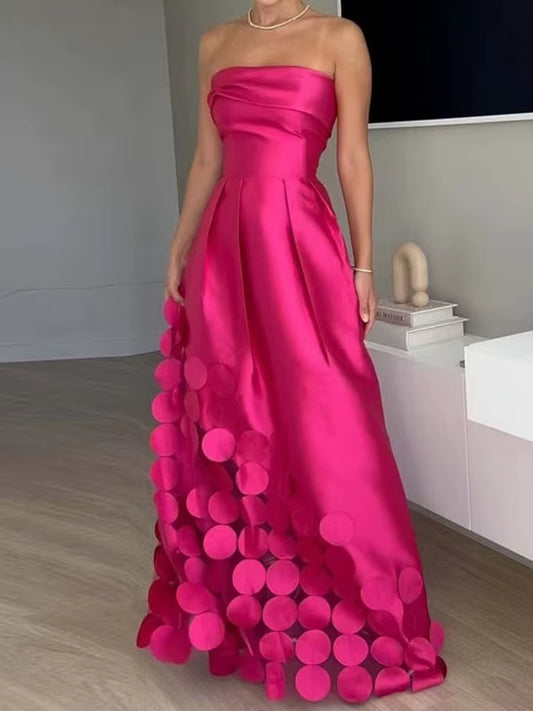 Vestido largo mujer satén sin tirantes con detalles calados - Valentina