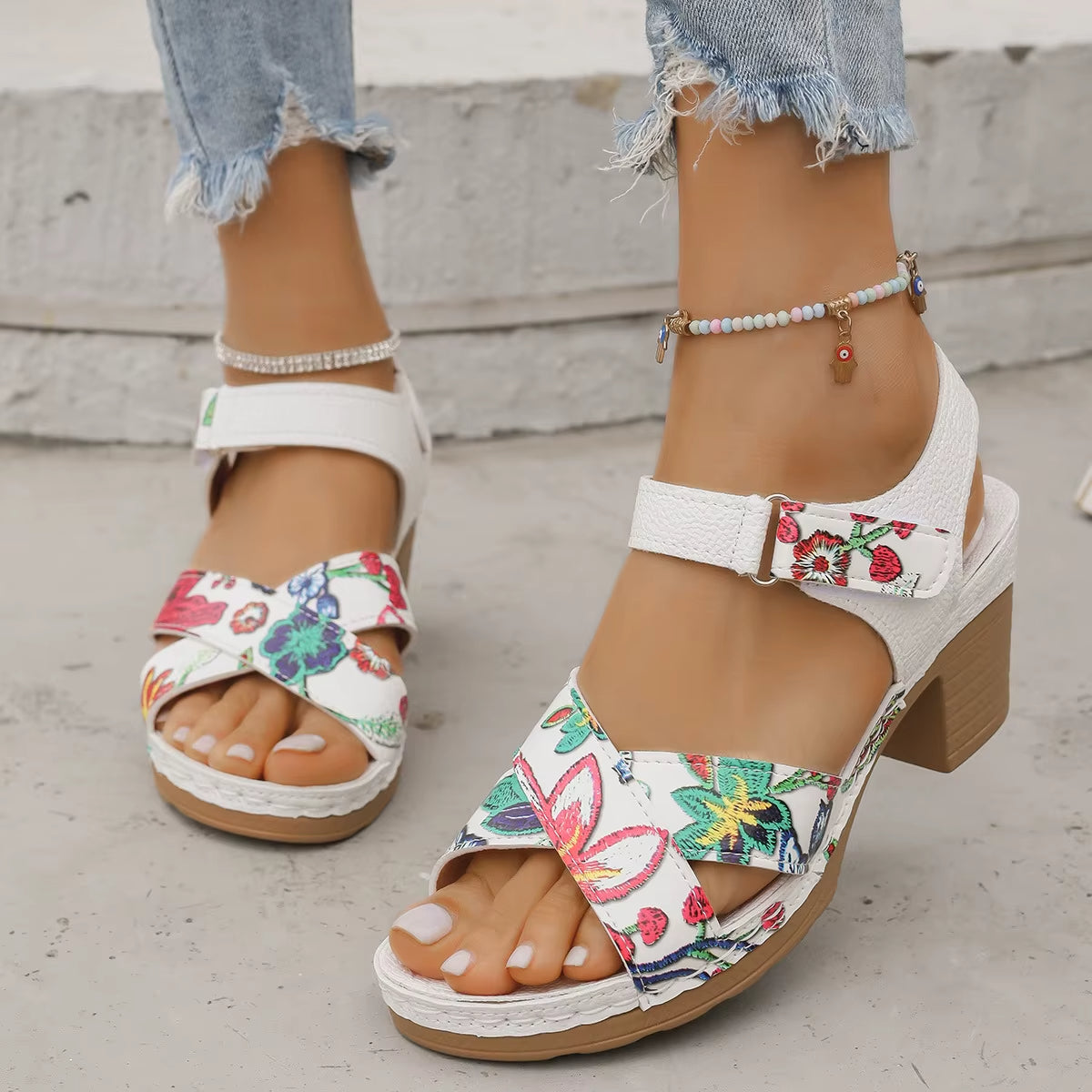 Sandalias para mujer con estampado floral de tacón grueso - Aurelina