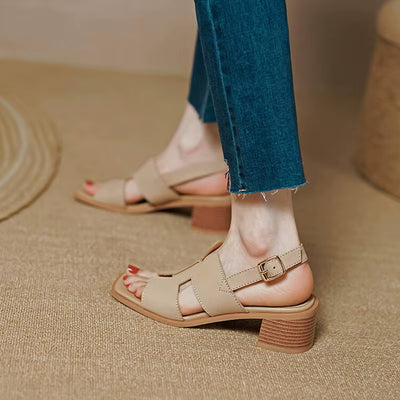 Sandalias mujer cuero sintético diseño calado estilo tacón medio - Lucía
