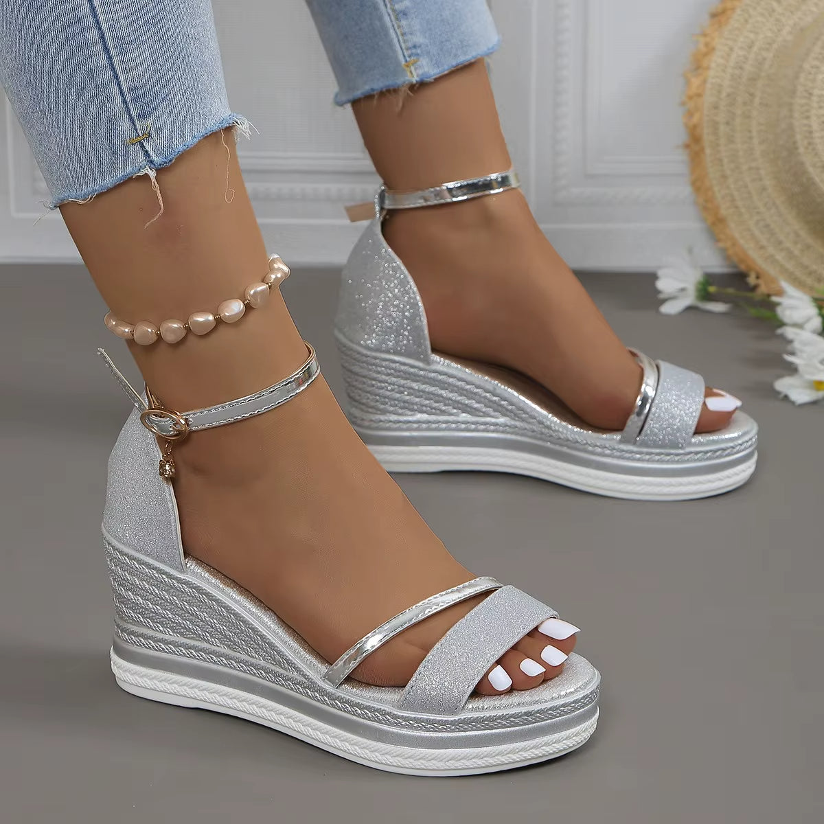 Sandalias mujer brillo elegante estilo cuña alta - Jimena