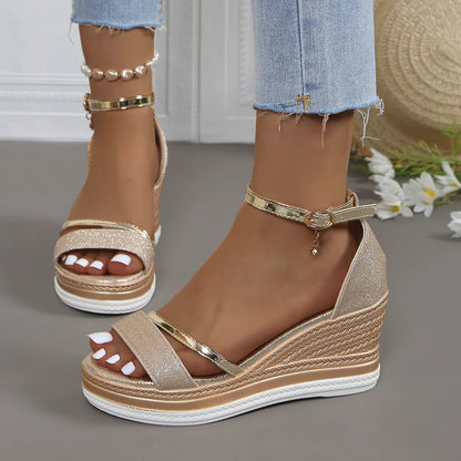 Sandalias mujer brillo elegante estilo cuña alta - Jimena