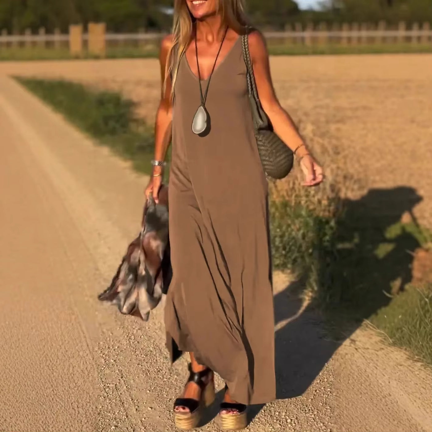 Vestido largo para mujer de tirantes fluidos estilo casual - Celina