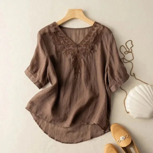 Blusa mujer cuello V bordado lino estilo bohemio marrón - Natalia
