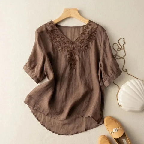 Blusa mujer cuello V bordado lino estilo bohemio marrón - Natalia