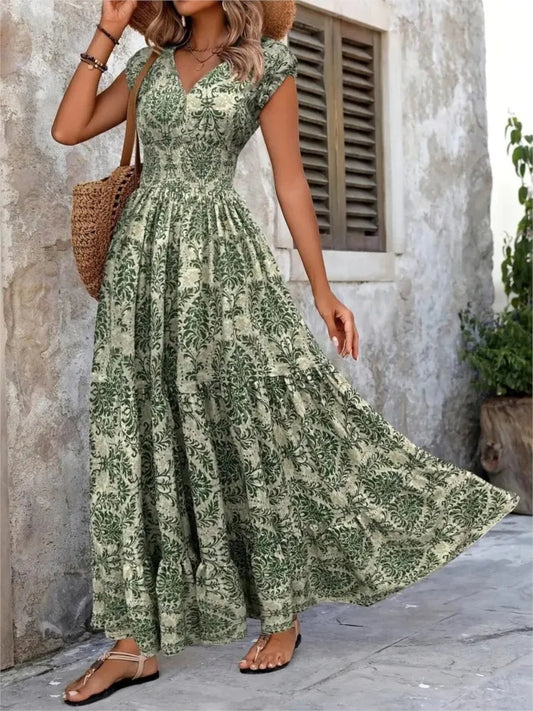 Vestido largo mujer estampado bohemio escote en V verde - Natalia