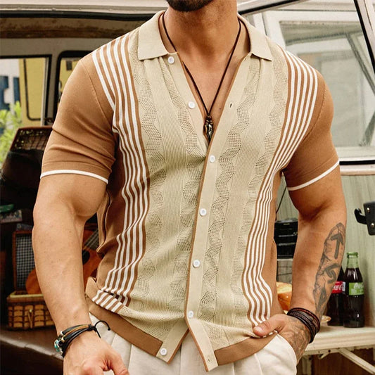 Camisa hombre punto vintage con rayas beige y marrón - Renato