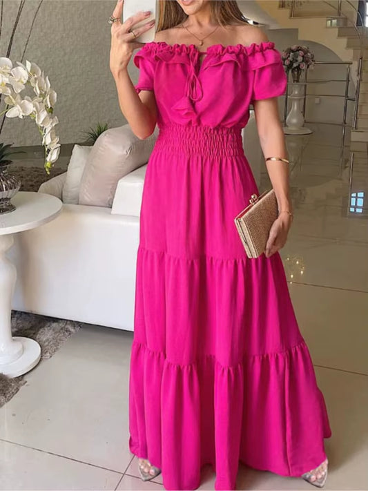 Vestido largo mujer hombros descubiertos con volantes fucsia - Malena