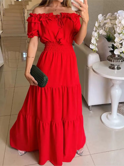 Vestido largo mujer hombros descubiertos con volantes fucsia - Malena