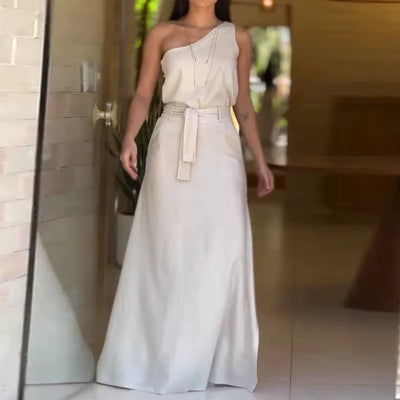 Conjunto dos piezas mujer un hombro con falda larga beige - Celina