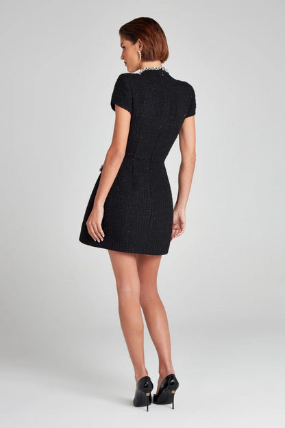 Vestido corto mujer tweed elegante con perlas blanco retro - Clarisse