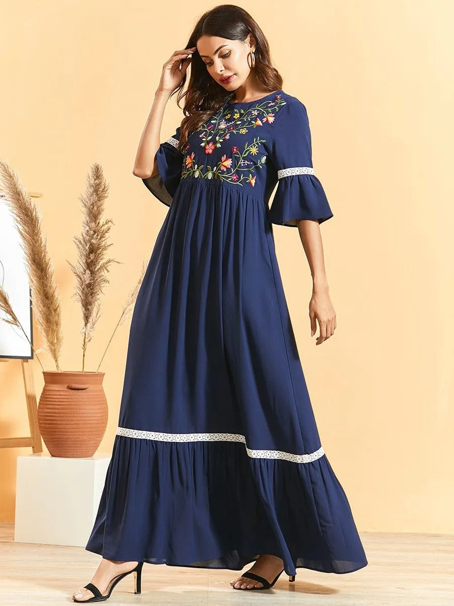Vestido largo para mujer con bordado floral estilo bohemio - Adriana