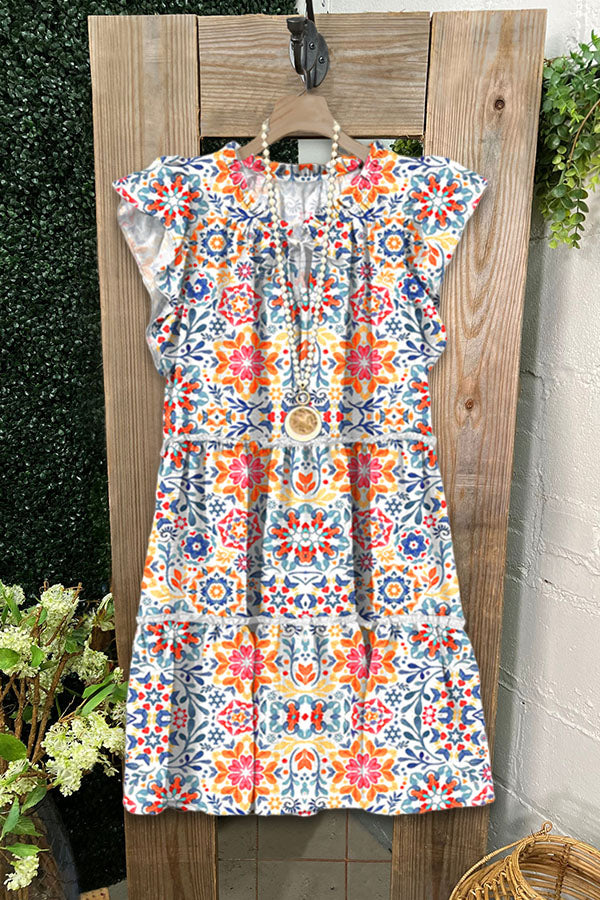 Sapphira - Vestido midi vintage con estampado gráfico y volantes