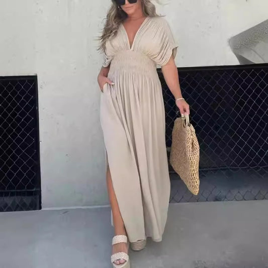 Vestido largo para mujer de escote en V con cintura fruncida - Renata