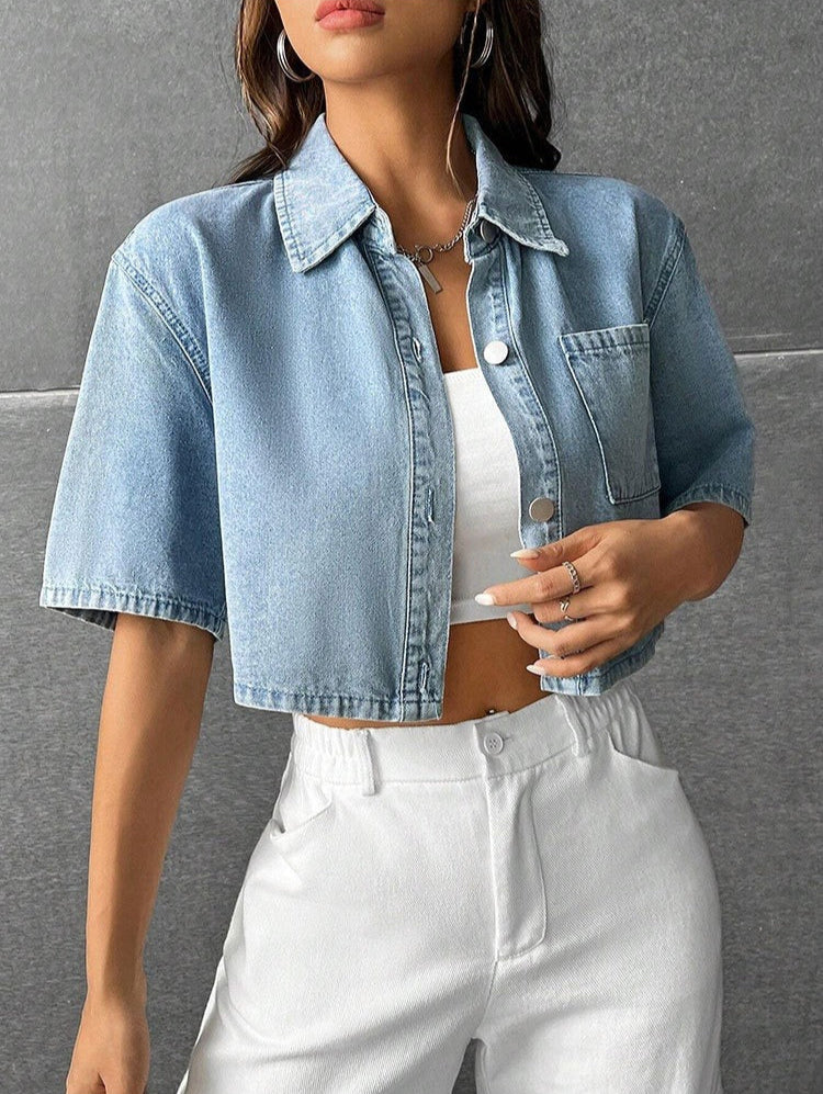 Camisa corta mujer denim con bolsillo frontal estilo casual - Emilia