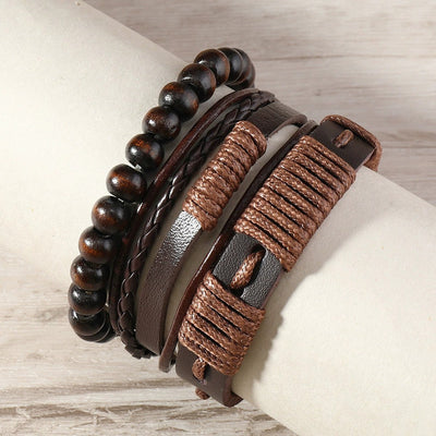 Pulsera hombre cuerda encerada y cuero diseño tribal 3 piezas - Terrakai
