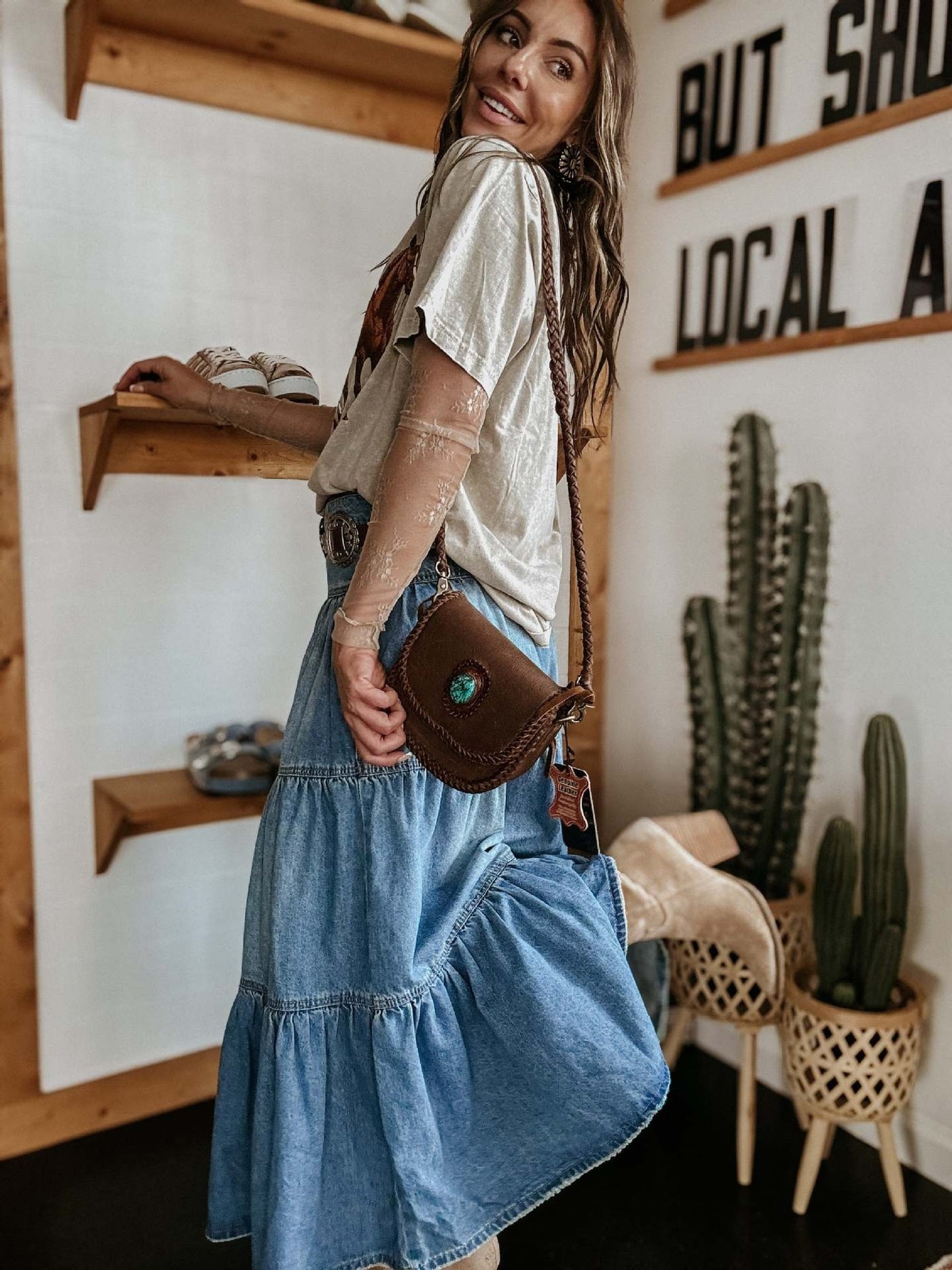 Falda larga mujer denim con volantes estilo bohemio - Alaya