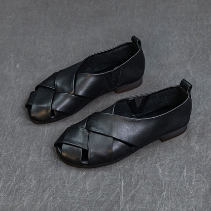 Zapatos planos mujer piel auténtica puntera abierta negro elegante - Nayra