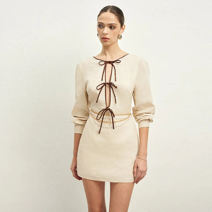 Vestido corto mujer lino lazos decorativos estilo elegante - Renata