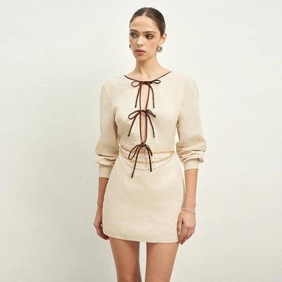 Vestido corto mujer lino lazos decorativos estilo elegante - Renata