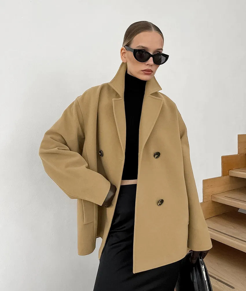 Gali Abrigo elegante de lana marrón de largo medio con doble botonadura