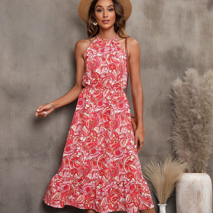 Vestido midi para mujer de estampado floral estilo halter sin mangas - Mariela