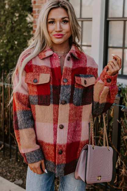 Danella - Chaqueta casual naranja grande a cuadros con bolsillos de solapa y botones