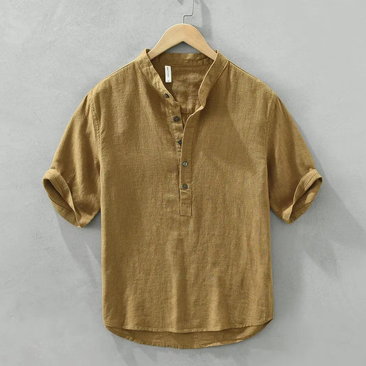 Camisa casual hombre cuello mao lino marrón - Dario