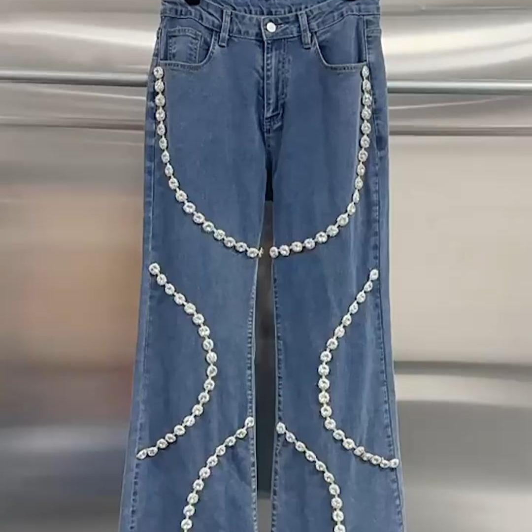 Pantalón vaquero para mujer pedrería decorativa corte recto - Eloísa