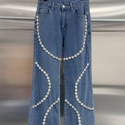 Pantalón vaquero para mujer pedrería decorativa corte recto - Eloísa