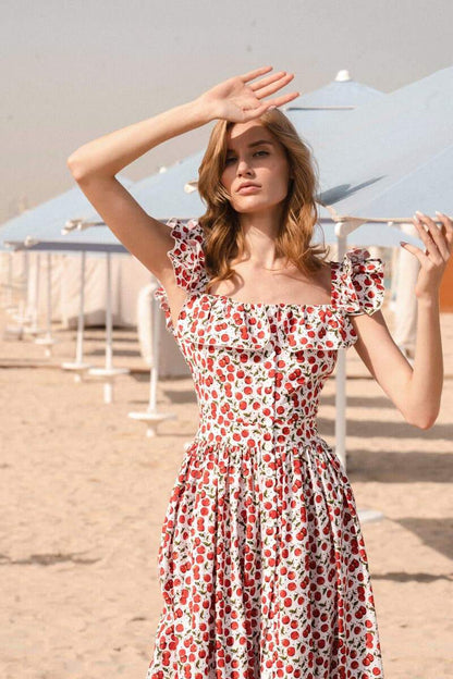 Griselda - Vestido Midi con Estampado de Cerezas y Volantes