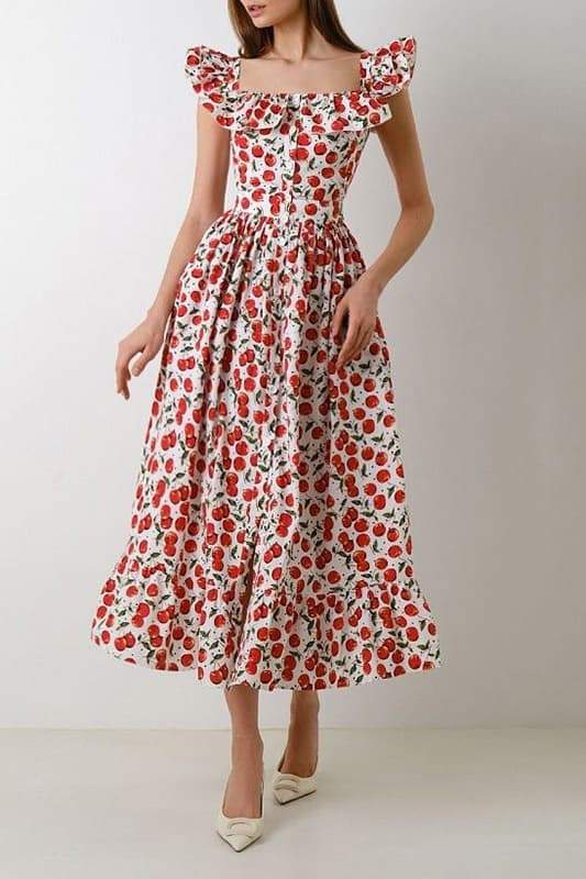 Griselda - Vestido Midi con Estampado de Cerezas y Volantes