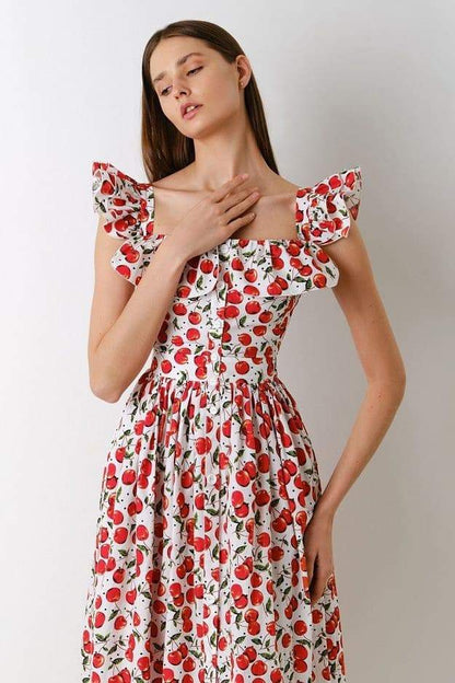 Griselda - Vestido Midi con Estampado de Cerezas y Volantes