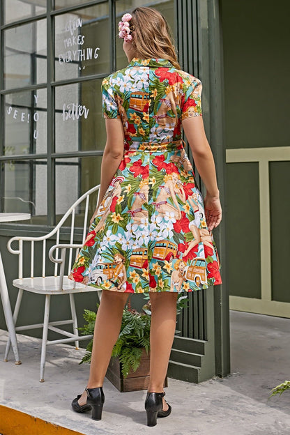 Hanna Retro - Vestido camisero midi de algodón estampado con cinturón