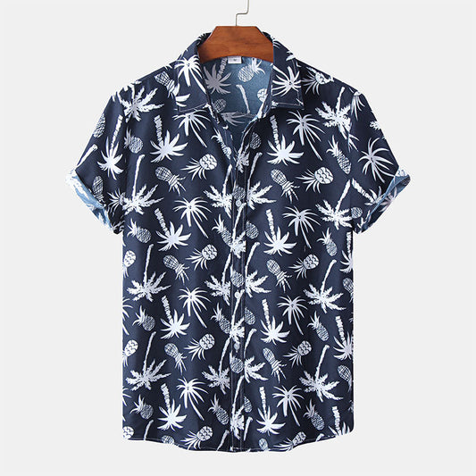 Camisa azul marino única de manga corta para hombre con estampado