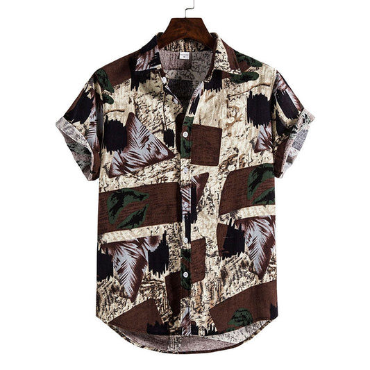 Camisa vintage estampada de manga corta para hombre en algodón y lino