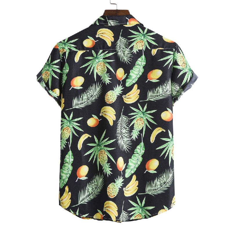 Elegante camisa de hombre de manga corta con estampado de frutas confeccionada en algodón