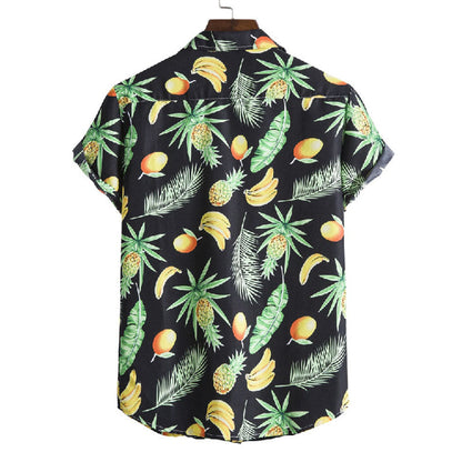 Elegante camisa de hombre de manga corta con estampado de frutas confeccionada en algodón