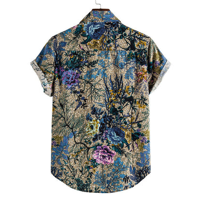 Camisa retro estampada de manga corta para hombre confeccionada en algodón y lino