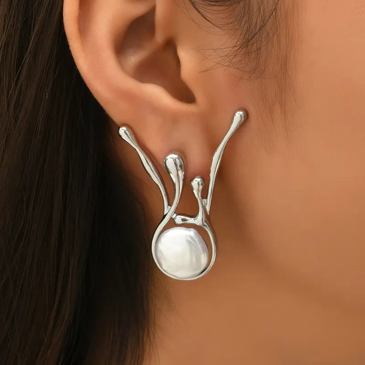 Pendientes Mujer Plata Irregular con Perla Grande - Freya