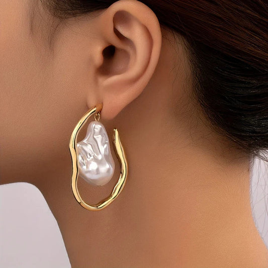 Pendientes Mujer Aro Dorado Perla Irregular - Greta