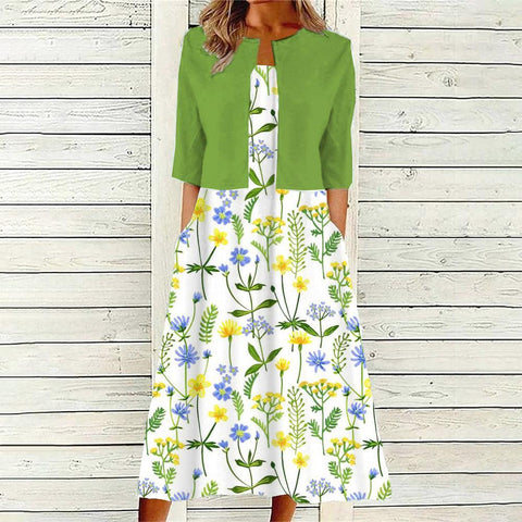 Lara - Vestido midi con estampado vegetal verde y chaqueta