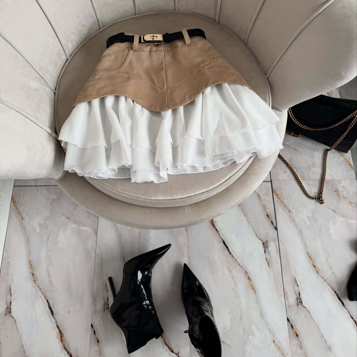 Minifalda para mujer denim combinado con volantes plisados corte en capas - Yvette