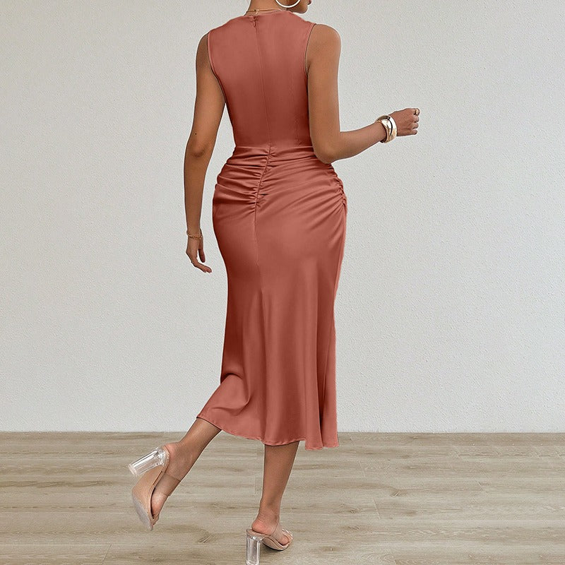 Vestido midi para mujer satén drapeado estilo entallado - Julieta