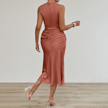 Vestido midi para mujer satén drapeado estilo entallado - Julieta