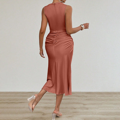 Vestido midi para mujer satén drapeado estilo entallado - Julieta