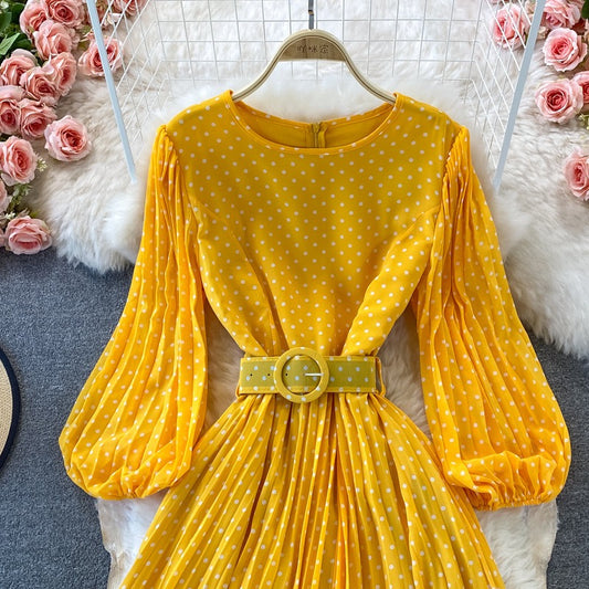 Vestido largo para mujer lunares cinturón estilo elegante - Colette