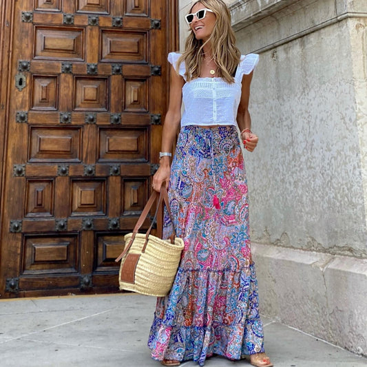 Falda larga de mujer con estampado paisley multicolor y corte bohemio - Clémence