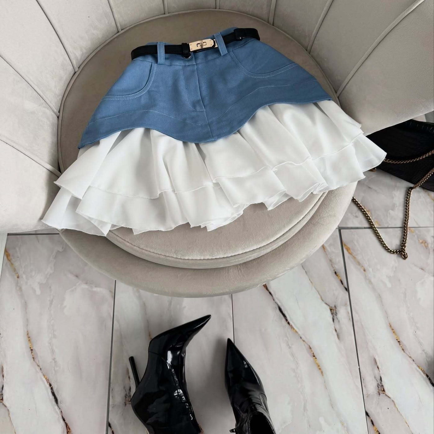 Minifalda para mujer denim combinado con volantes plisados corte en capas - Yvette